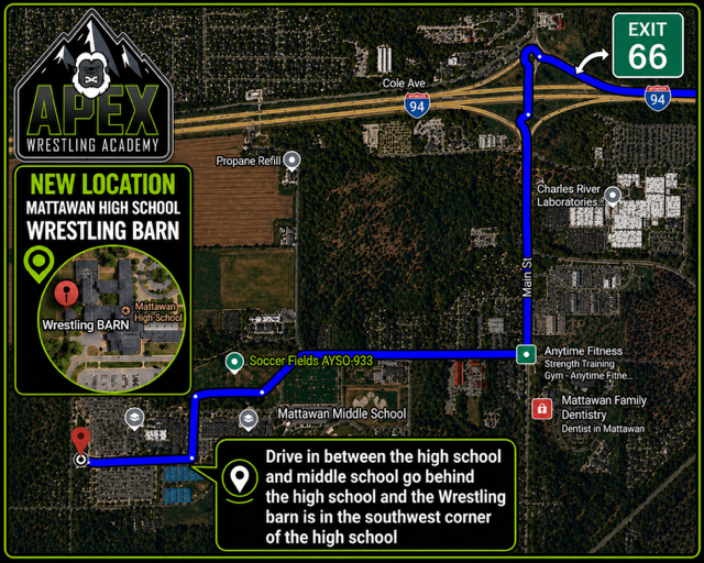 Map showing directions to the new Apex Wrestling Academy location at the Mattawan High School Wrestling Barn